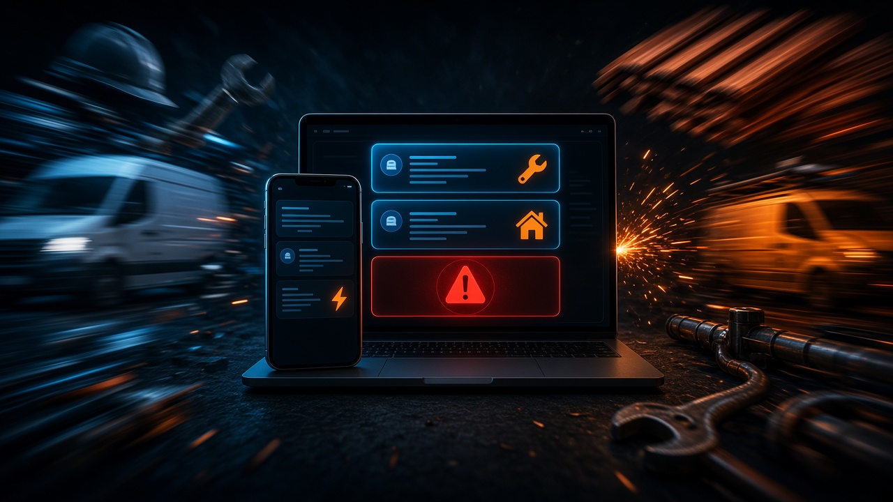 AI screens naming rival trades while your business flashes as a red miss — vans and sparks racing past